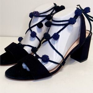Loeffler Randall Bea suede block heels with blue and black Pom poms